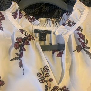 Ann Taylor Factory Medium Petite white blouse with purple flowers. Long sleeve